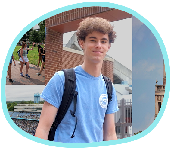 Admissions Ambassador Kyle poses for a photo in front of a collage of Chapel Hill iconic locations